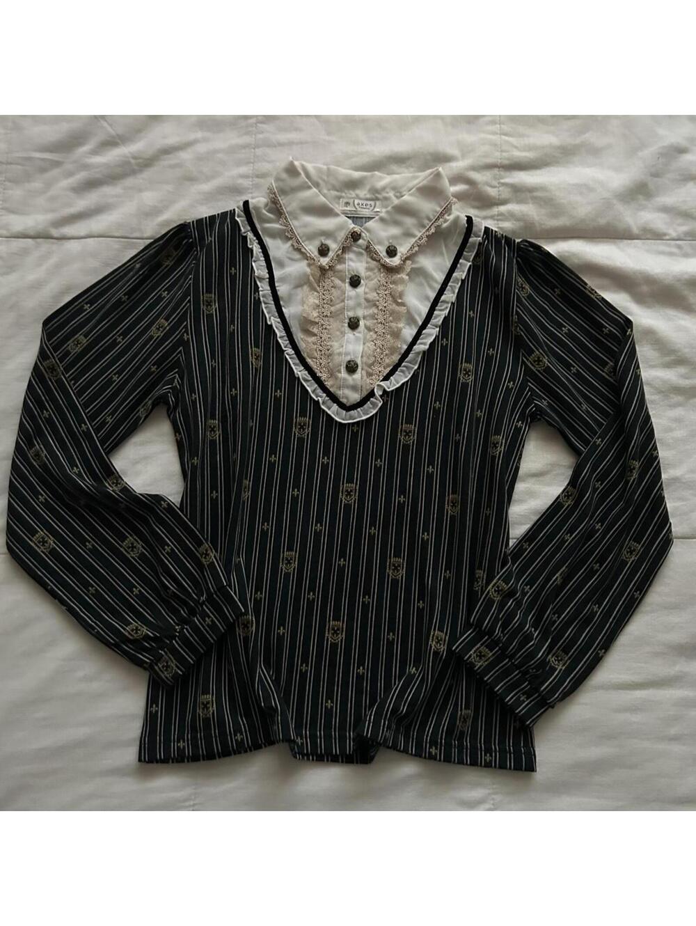 Axes Femme Green Pinstripe Lace Collar Ruffle Prestyled Blouse Medium